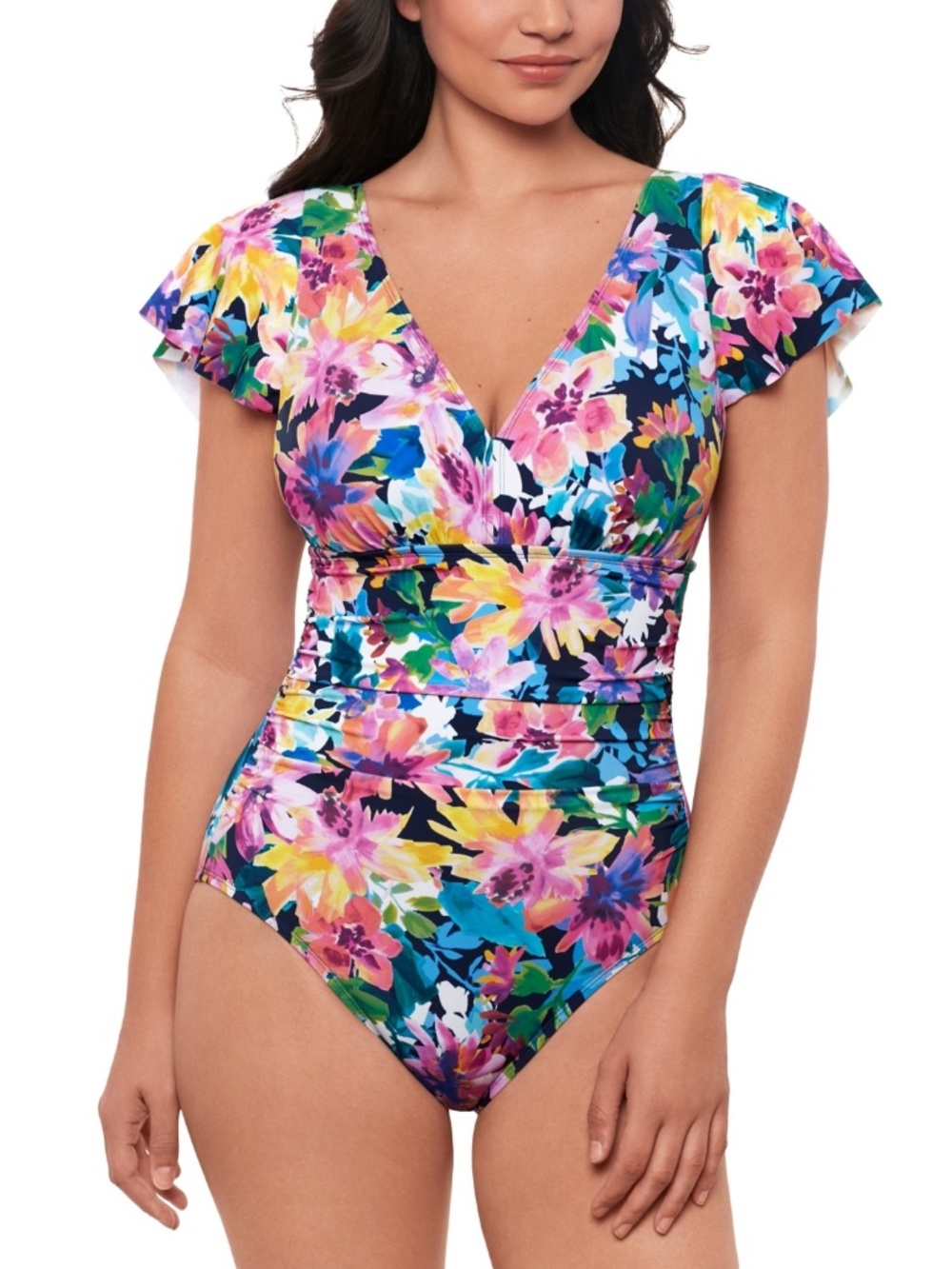 Swim Solutions Women's Garden Dreams Flutter-Sleeve One-Piece Swimsuit, Navy Mul